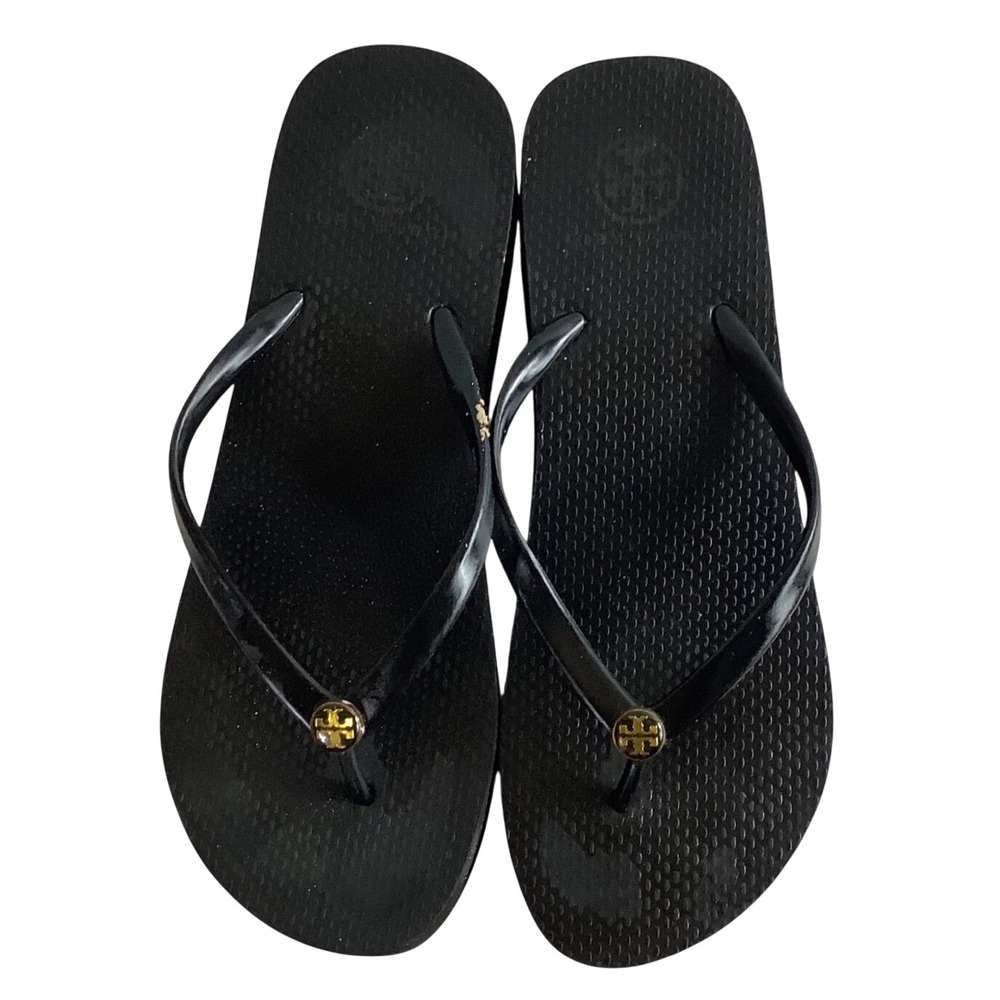 Tory Burch Black Platform Flip Flops Gold Logo Wedge Thong Sandals Womens 6.5